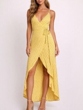 Lumiere Yellow Floral High-Low Wrap Maxi Dress Women's M Boho Summer Resortwear